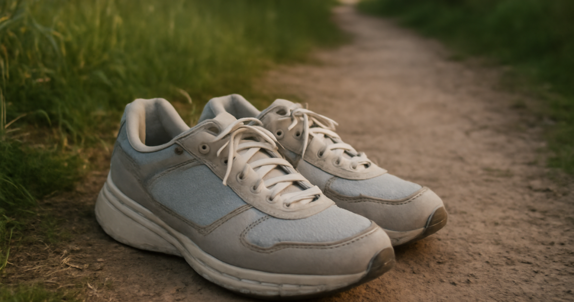 paire de baskets posée près d'un sentier