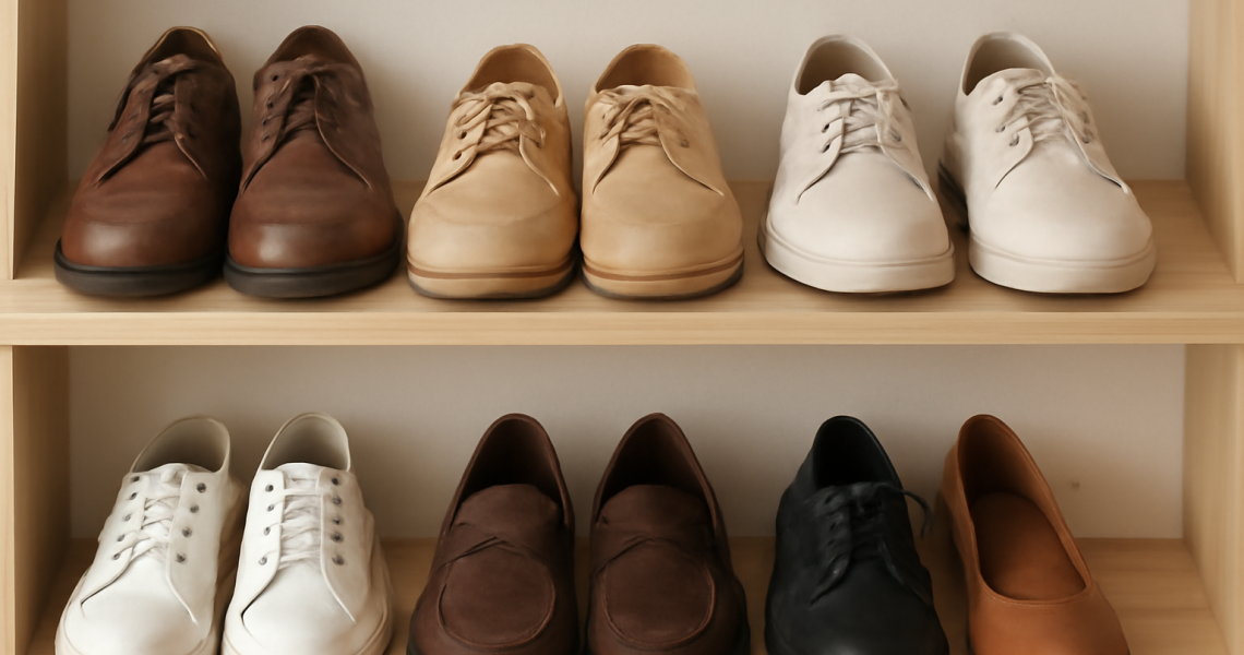 ensemble de chaussures alignees sur etagere