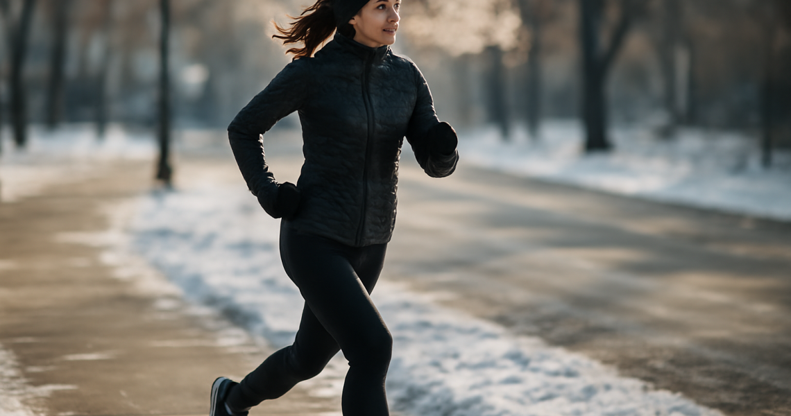 coureuse sur trottoir hivernal avec souffle visible