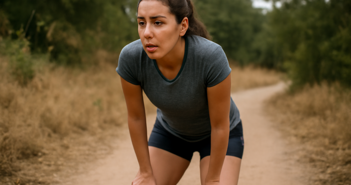 femme essoufflée sur sentier de course