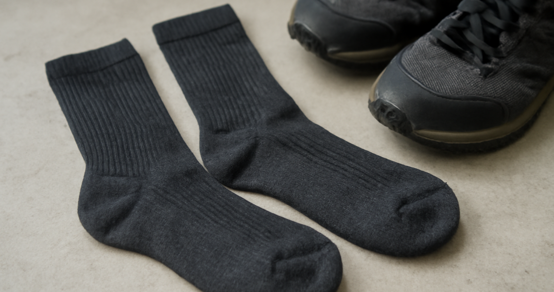paire de chaussettes techniques posée près de chaussures