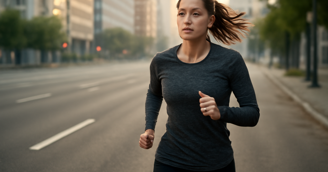 femme courant sur route urbaine matinale