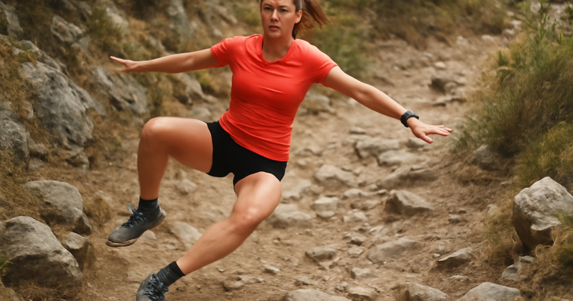 coureuse perdant équilibre sur sentier rocailleux