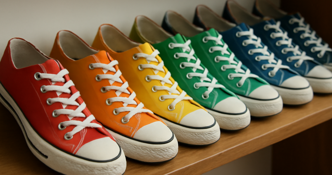 rangée de baskets aux couleurs variées sur étagère