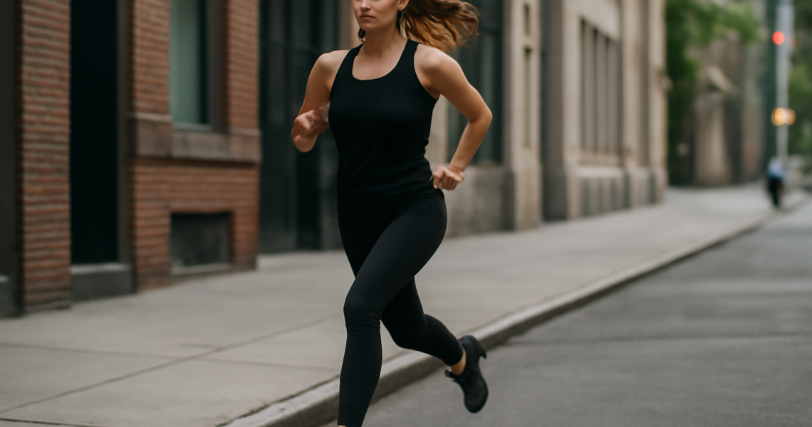 femme courant sur trottoir urbain