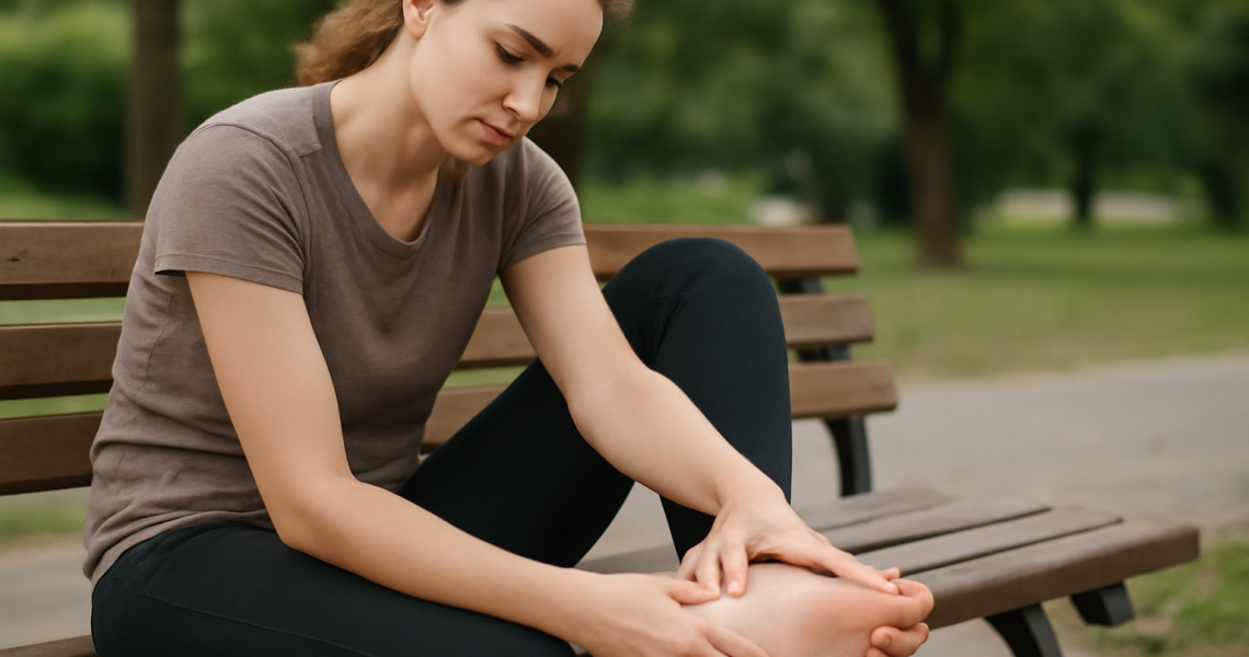 femme massant la voûte plantaire assise sur banc