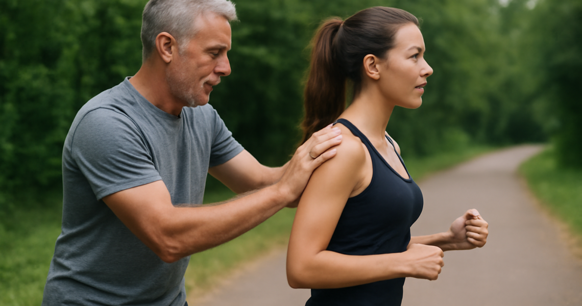 coach corrige posture d'une coureuse