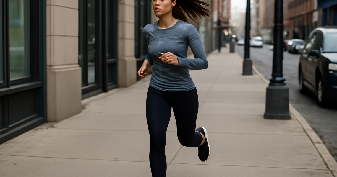 femme courant sur trottoir citadin
