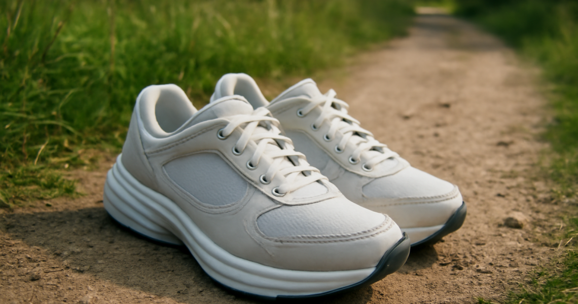 paire de baskets posees au bord d'un sentier