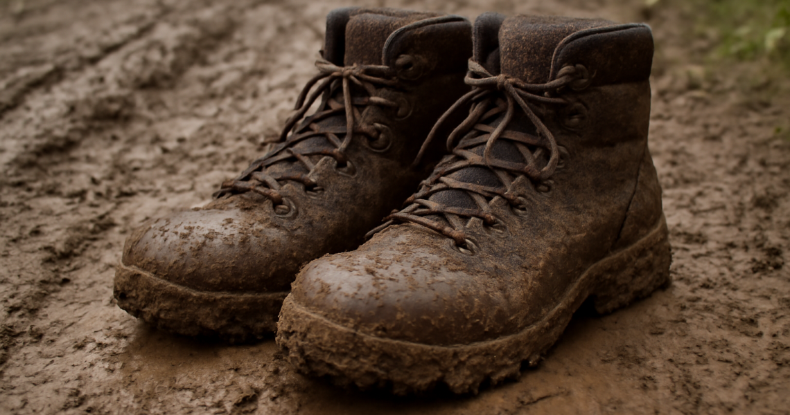 paire de chaussures sur sentier boueux