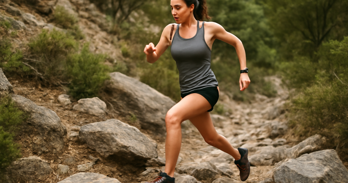 coureuse franchissant un passage rocheux sur sentier