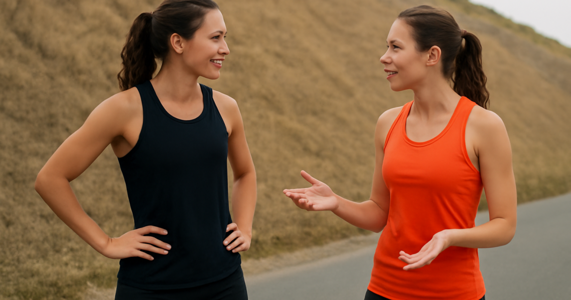 deux coureuses discutant près d'une pente