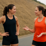 deux coureuses discutant près d'une pente
