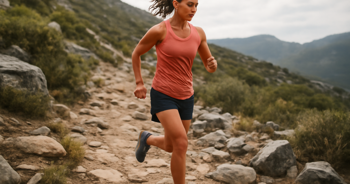 coureuse franchissant un sentier rocailleux