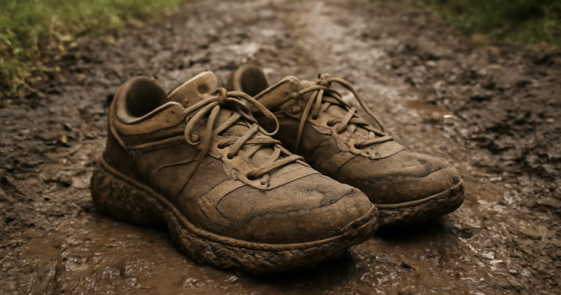 paire de baskets sur sentier boueux