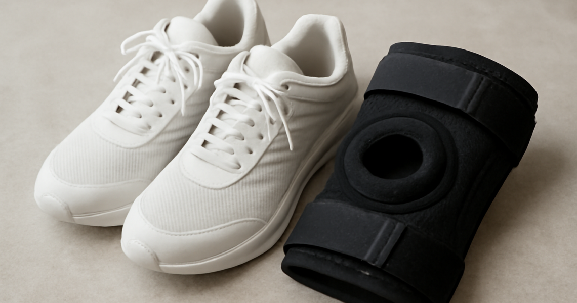 paire de baskets posée près d'une genouillère
