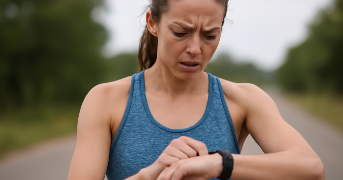 coureuse regardant montre d'entrainement perplexe