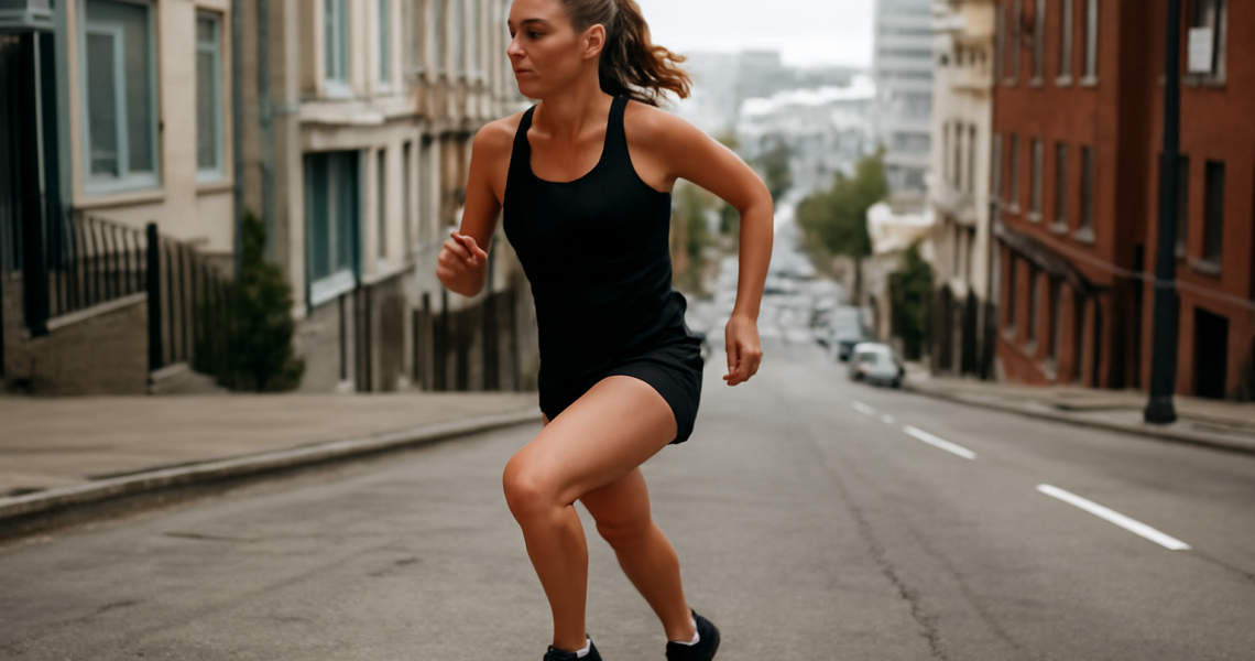 coureuse montant une côte en milieu urbain