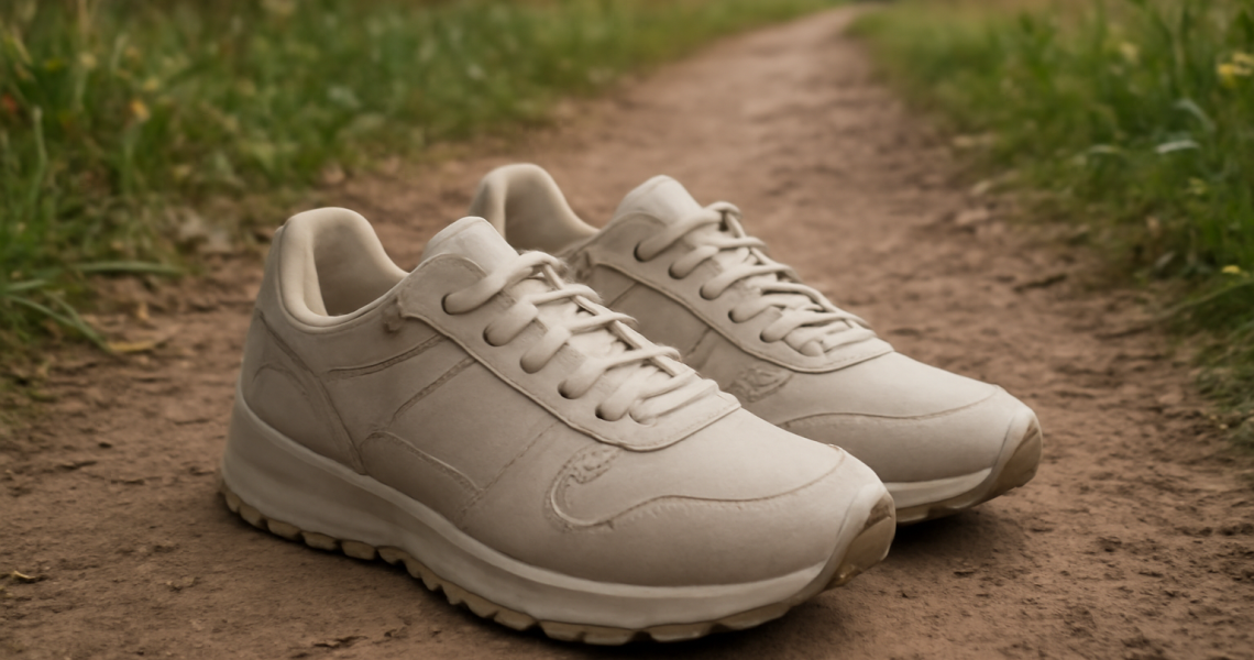 paire de baskets posée au bord d'un sentier