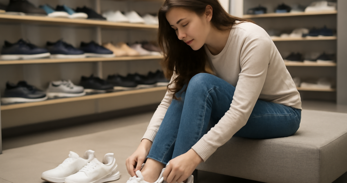 cliente essayant des baskets en magasin