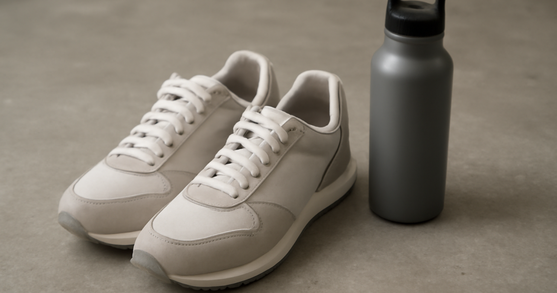 paire de baskets posées près d'une gourde