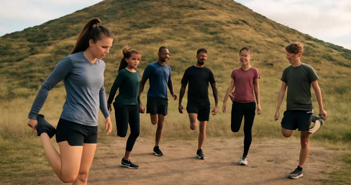 groupe d'échauffement au pied d'une colline