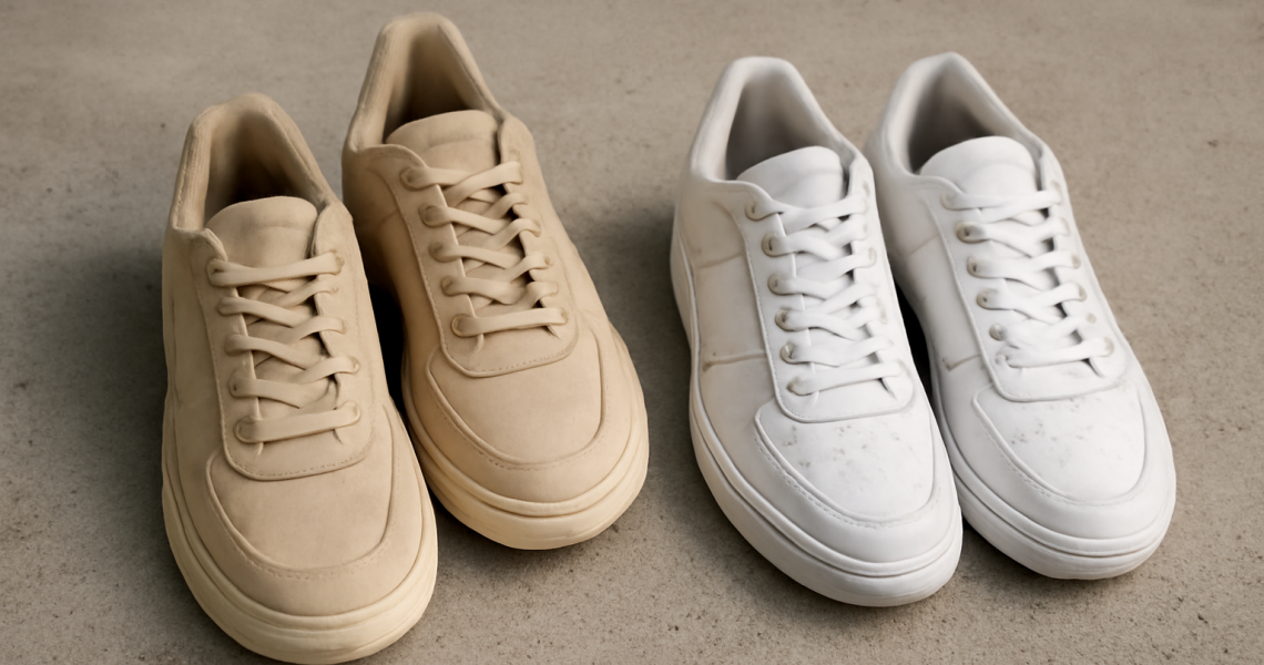 deux paires de baskets cote a cote sur sol