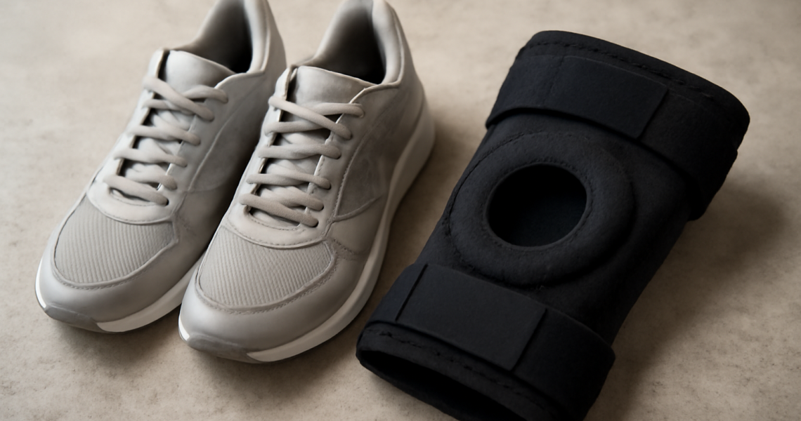 paire de baskets posée près d'une genouillère