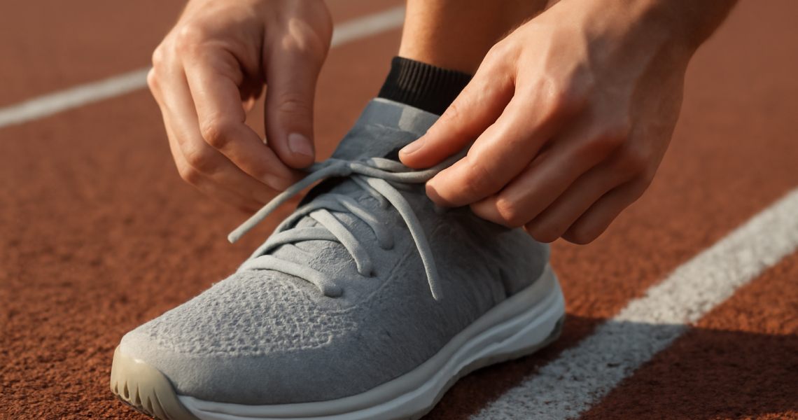 mains ajustant lacets d'une chaussure sur piste