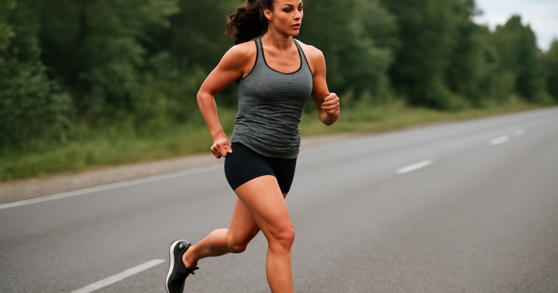 femme courant à allure soutenue sur route