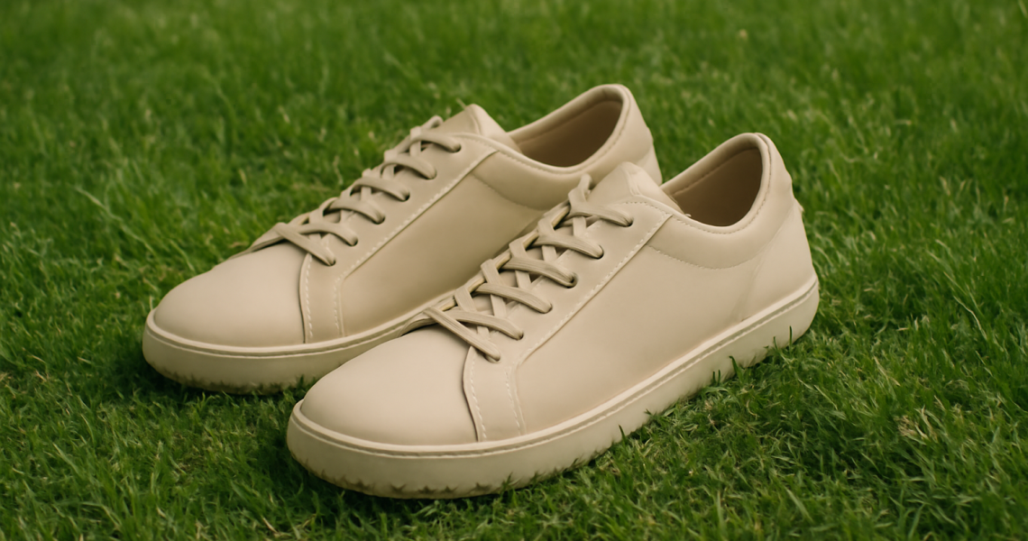 chaussures minimalistes posees sur herbe