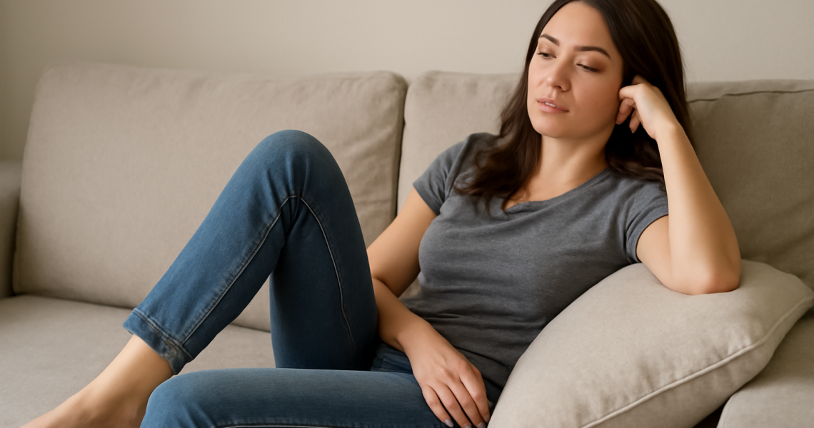 femme reposant jambe sur coussin