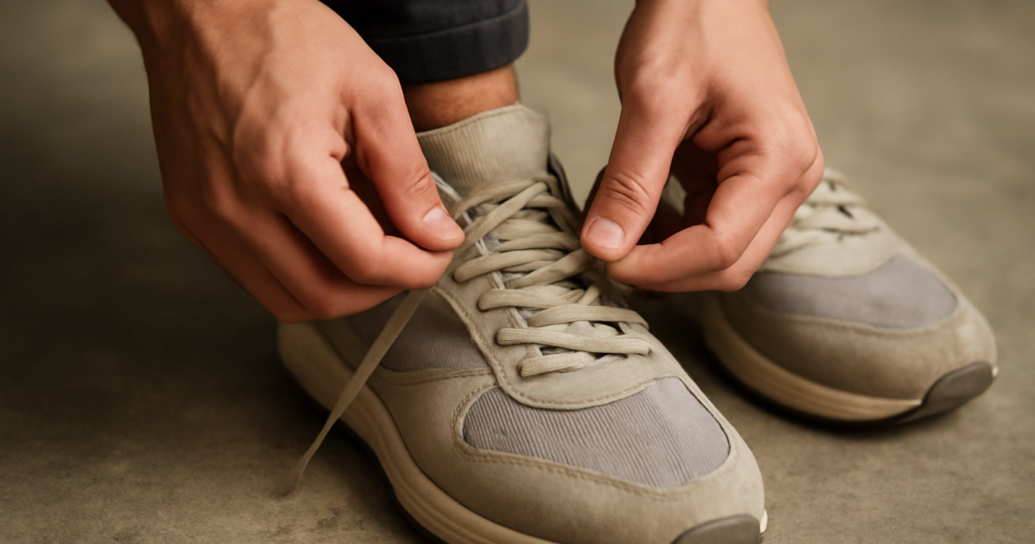 mains réglant lacets sur une paire de baskets
