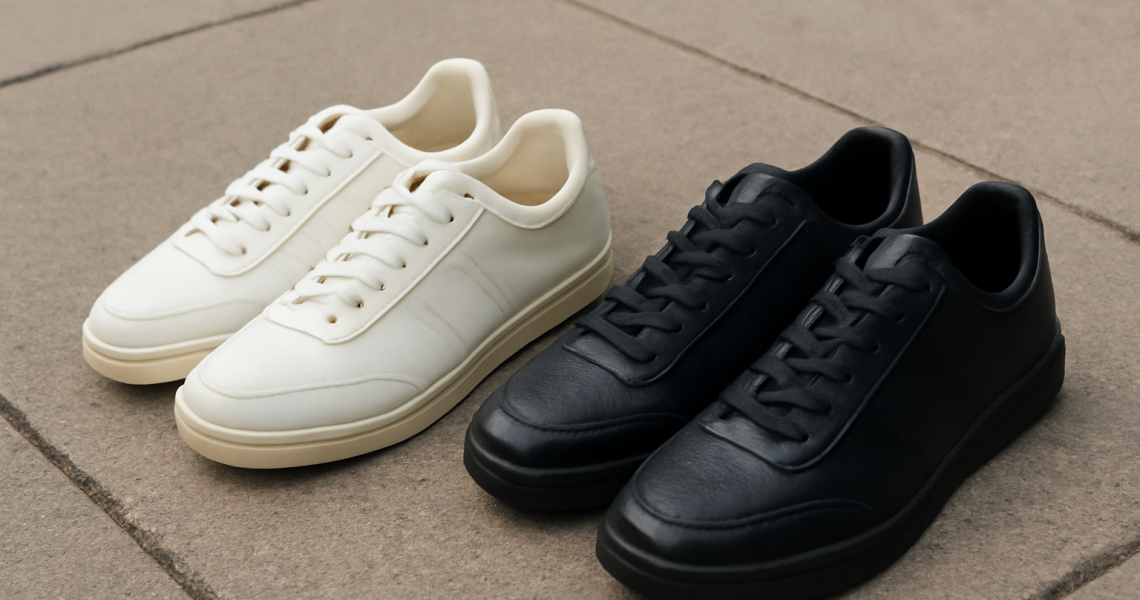 deux paires de baskets cote a cote sur trottoir
