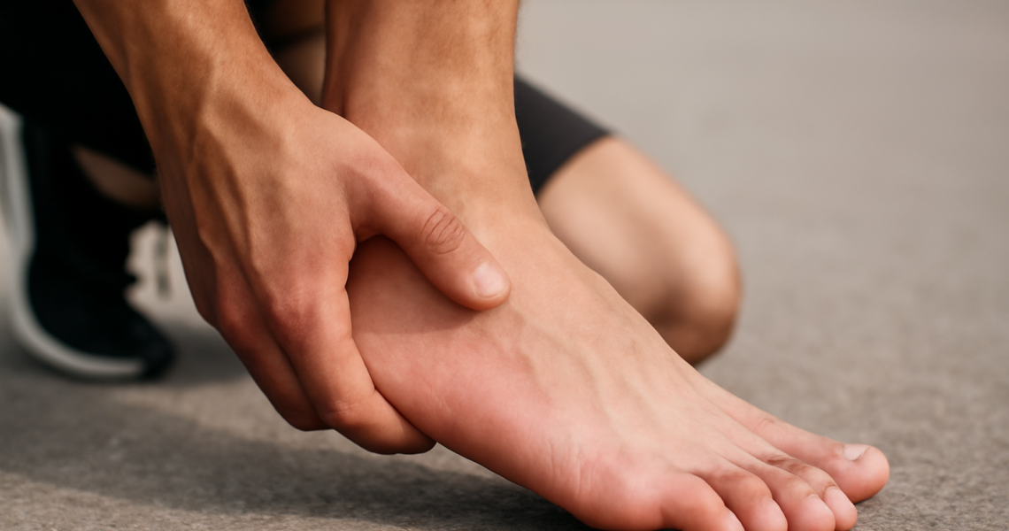 main frottant la plante du pied après course