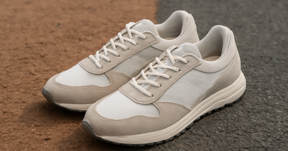 paire de baskets sur terrain mixte terre-bitume