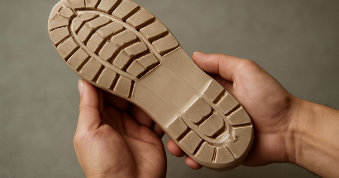 mains tenant une semelle de chaussure