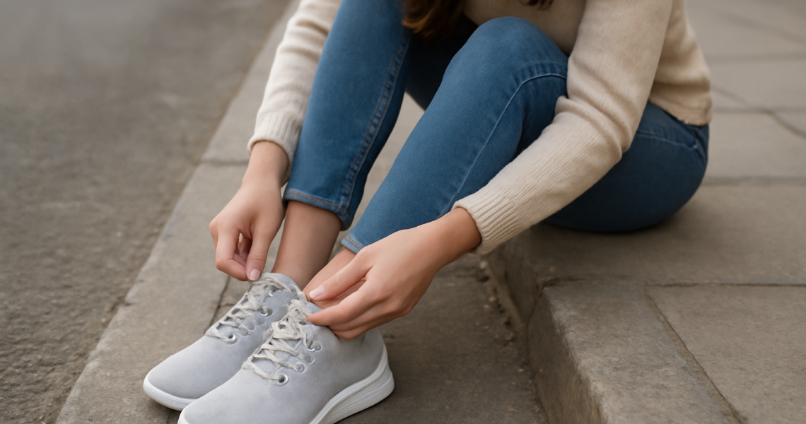 femme chaussant des baskets sur trottoir