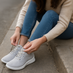 femme chaussant des baskets sur trottoir
