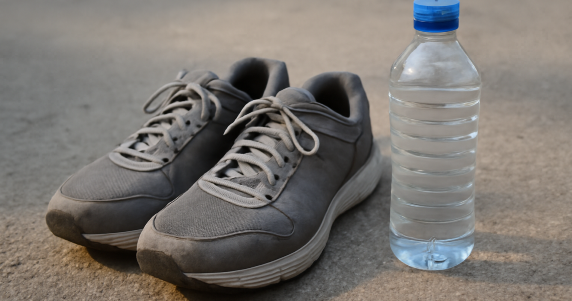 chaussures posées près d'une bouteille d'eau