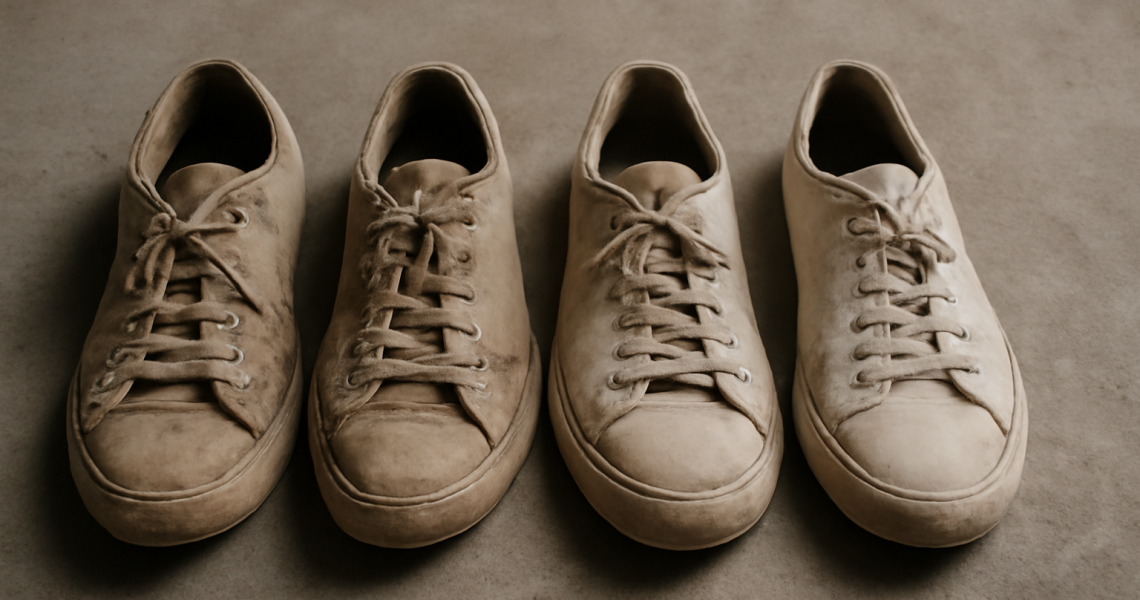 paire de baskets usees alignees selon usure