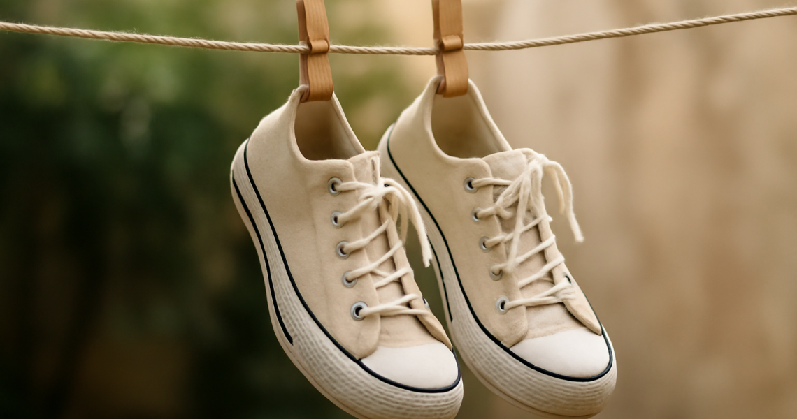 baskets séchant sur un fil après lavage