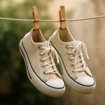 baskets séchant sur un fil après lavage