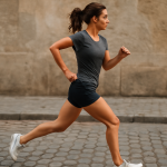 femme courant en baskets légères sur pavés