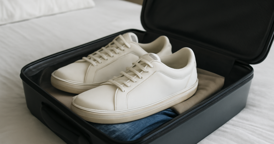 baskets dans une valise ouverte sur lit