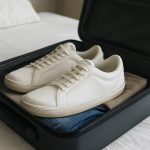 baskets dans une valise ouverte sur lit