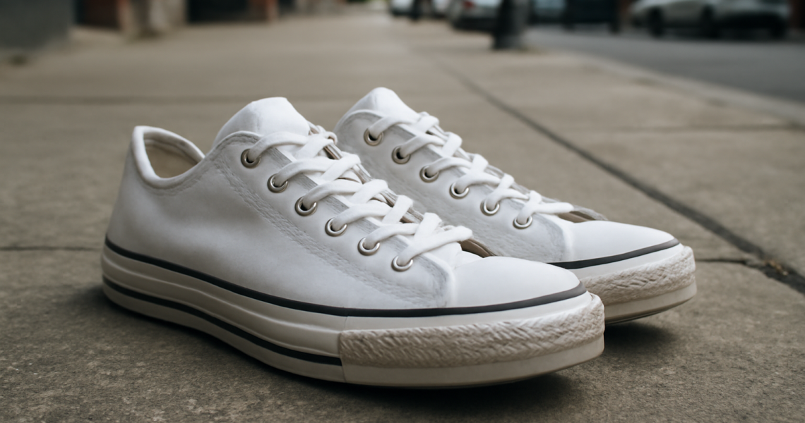 paire de baskets classiques posees sur trottoir urbain
