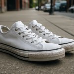 paire de baskets classiques posees sur trottoir urbain
