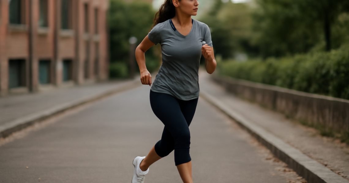 femme courant en baskets classiques sur sentier urbain