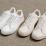 deux paires de baskets cote a cote sur sol